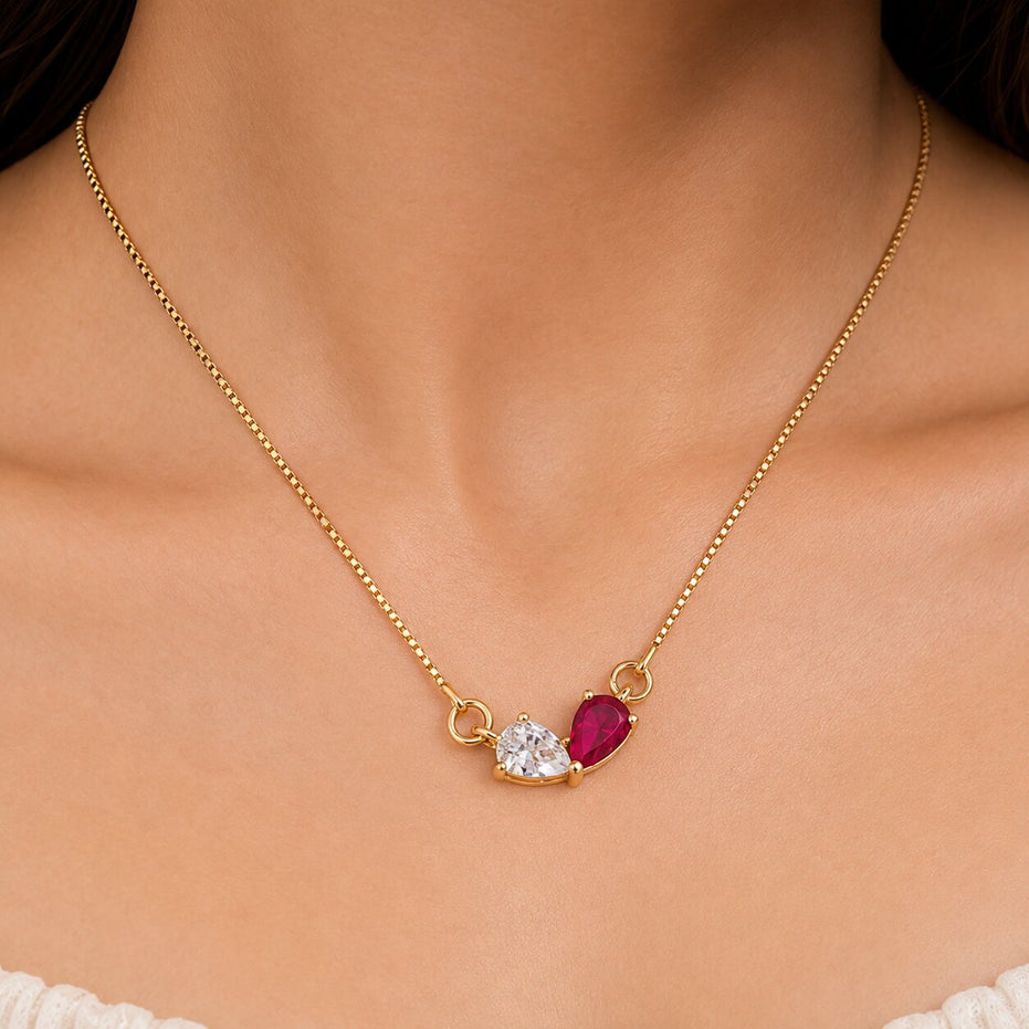 Stylish Double Heart Crystal Pendant Necklace with Red Gemstone Accent