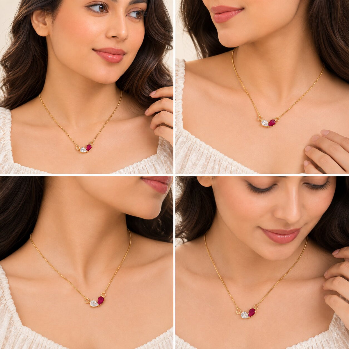 Stylish Double Heart Crystal Pendant Necklace with Red Gemstone Accent