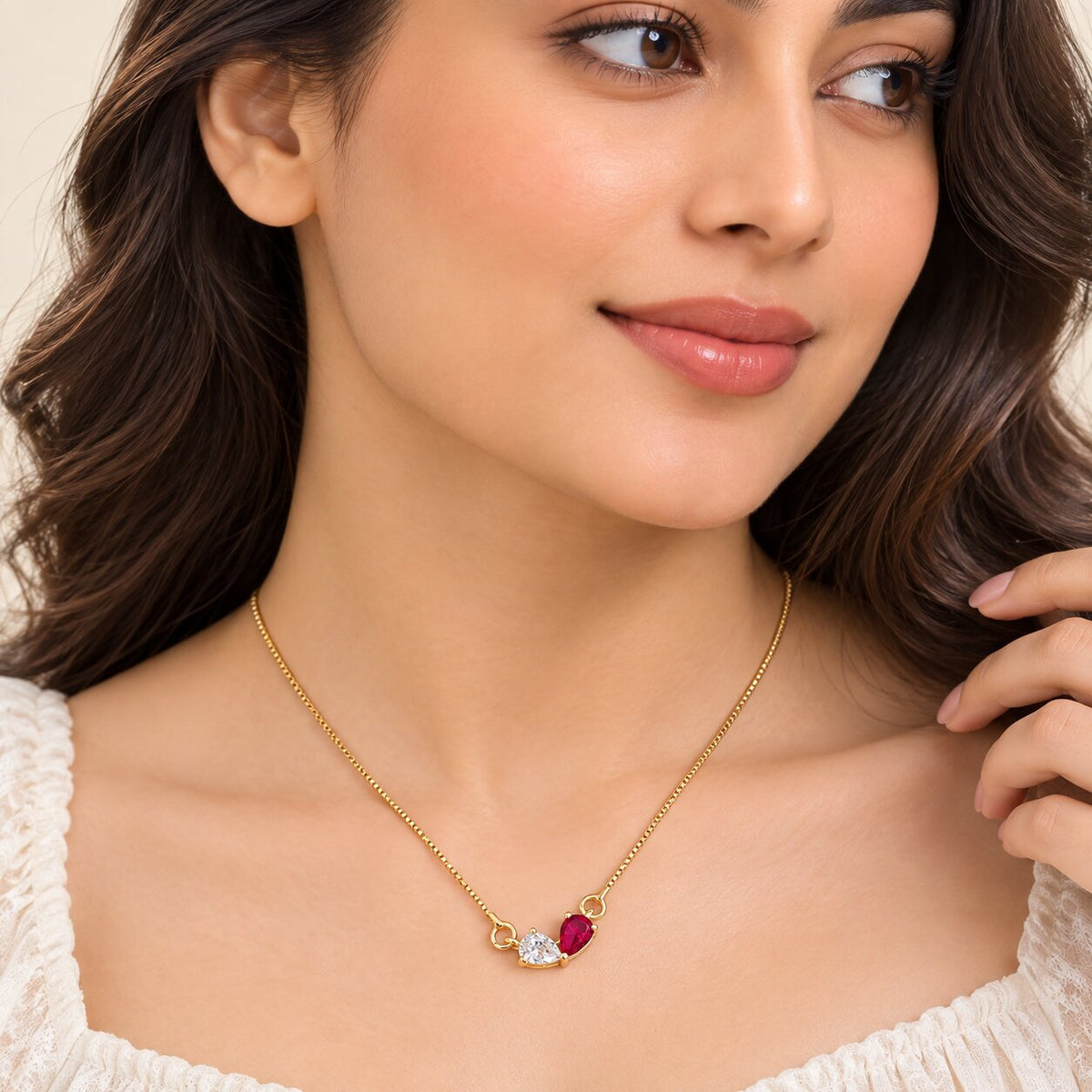 Stylish Double Heart Crystal Pendant Necklace with Red Gemstone Accent