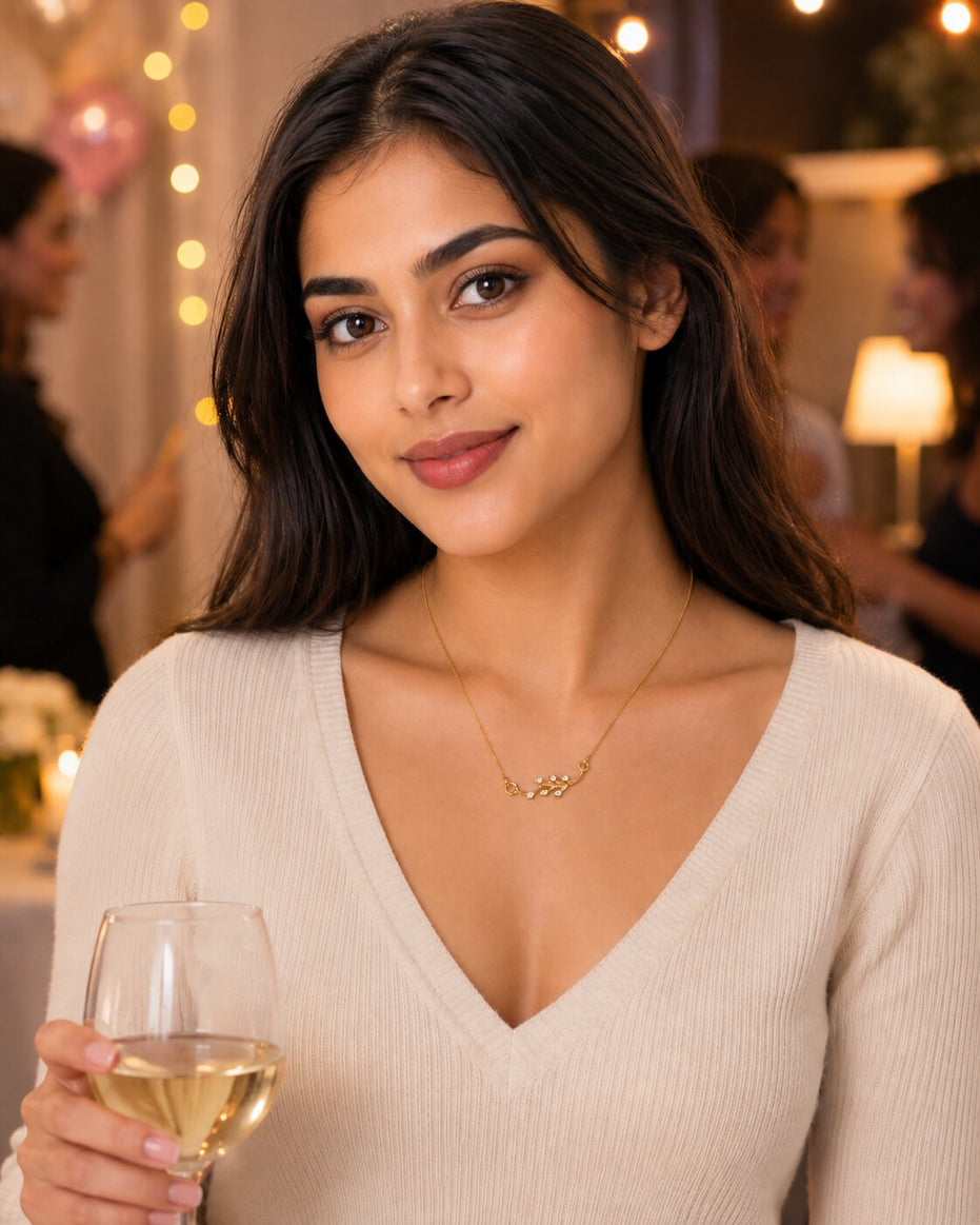 Delicate Floral Vine Crystal Pendant Necklace with CZ Stone Accents
