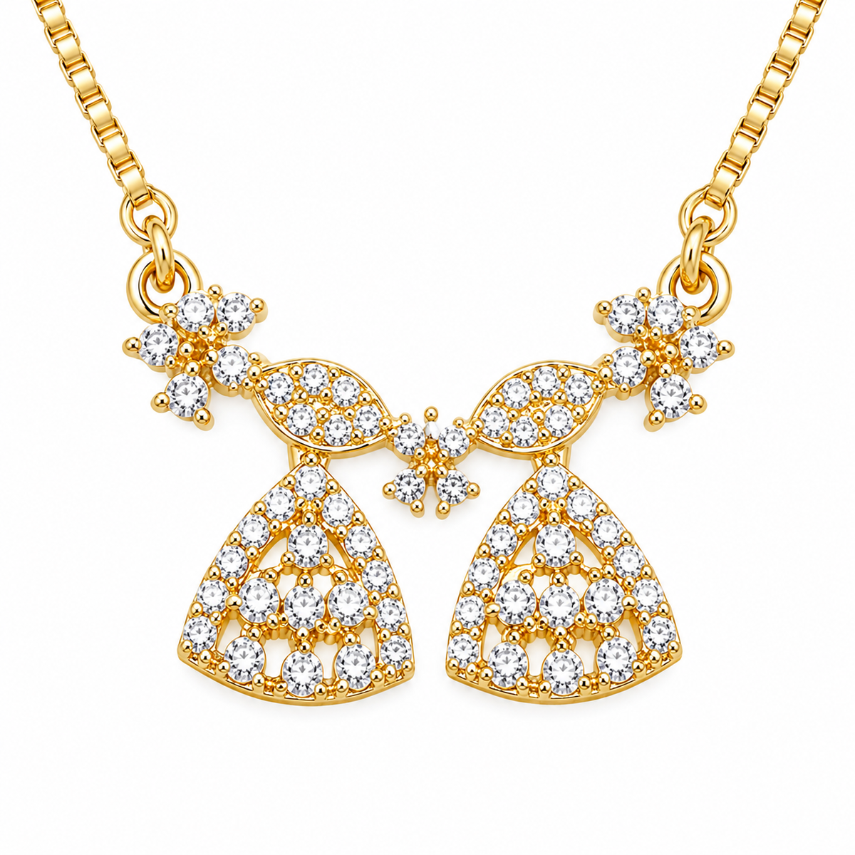 Elegant Bell Charm CZ Pendant Necklace with Floral Detailing