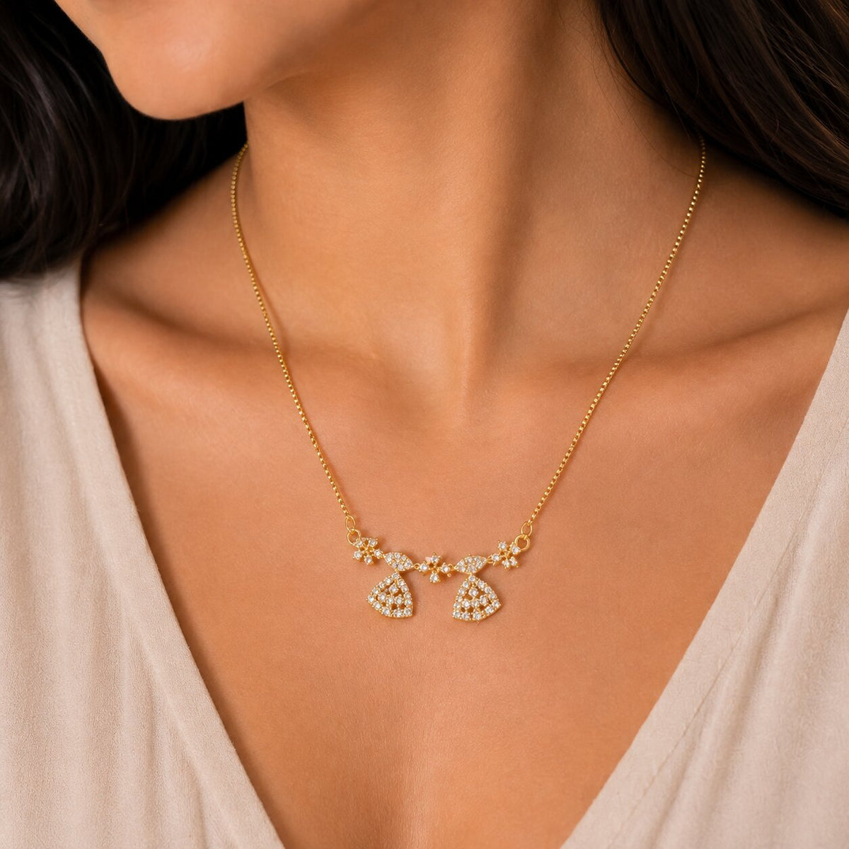 Elegant Bell Charm CZ Pendant Necklace with Floral Detailing