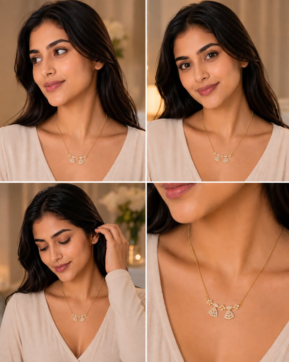 Elegant Bell Charm CZ Pendant Necklace with Floral Detailing