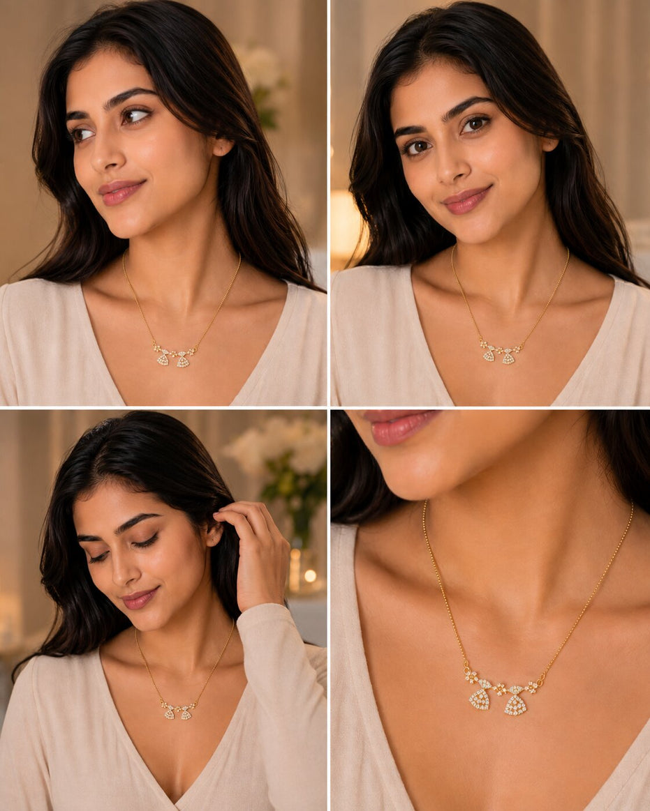 Elegant Bell Charm CZ Pendant Necklace with Floral Detailing