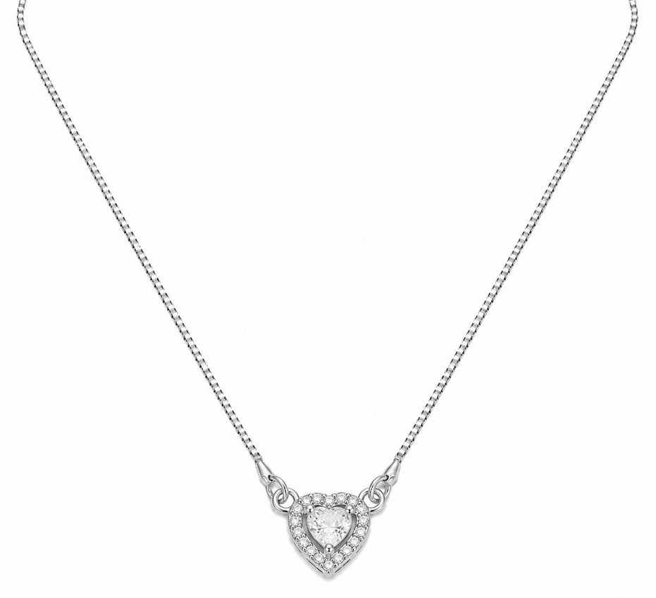 Heart-Shaped Crystal Pendant Necklace with CZ Stone Detailing