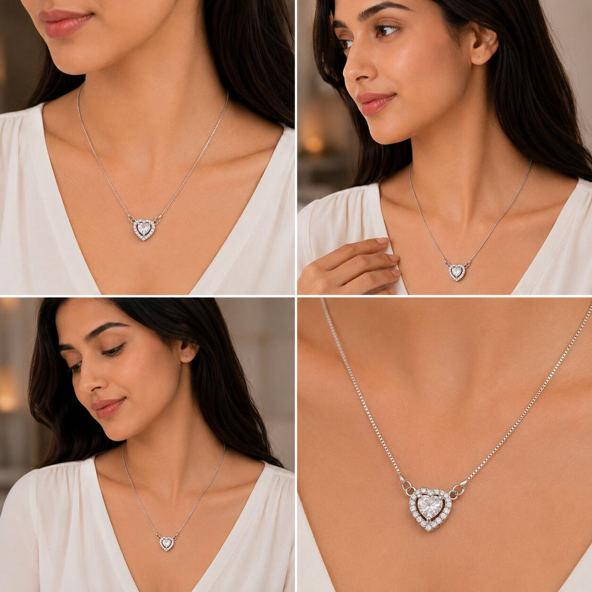 Heart-Shaped Crystal Pendant Necklace with CZ Stone Detailing