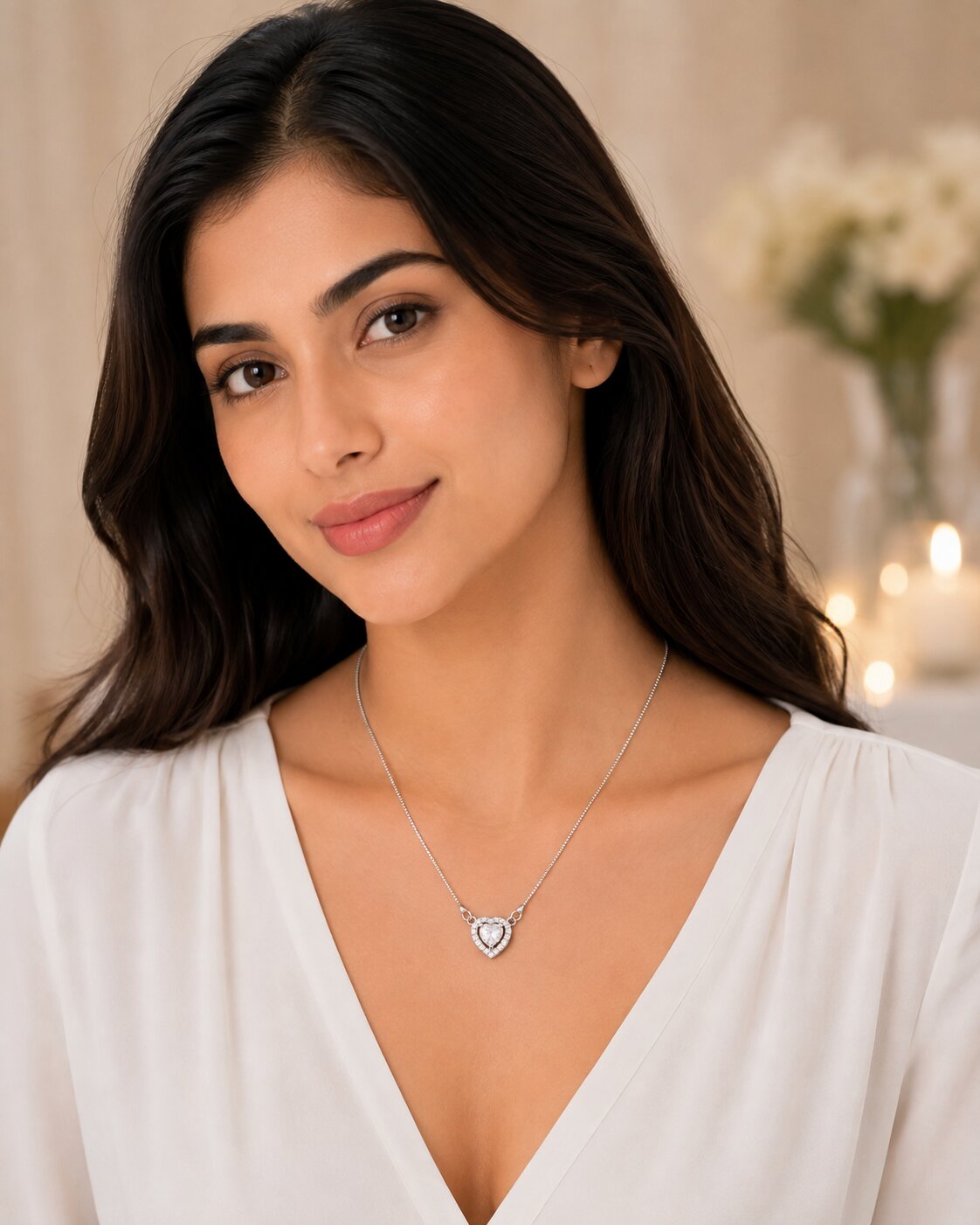 Heart-Shaped Crystal Pendant Necklace with CZ Stone Detailing