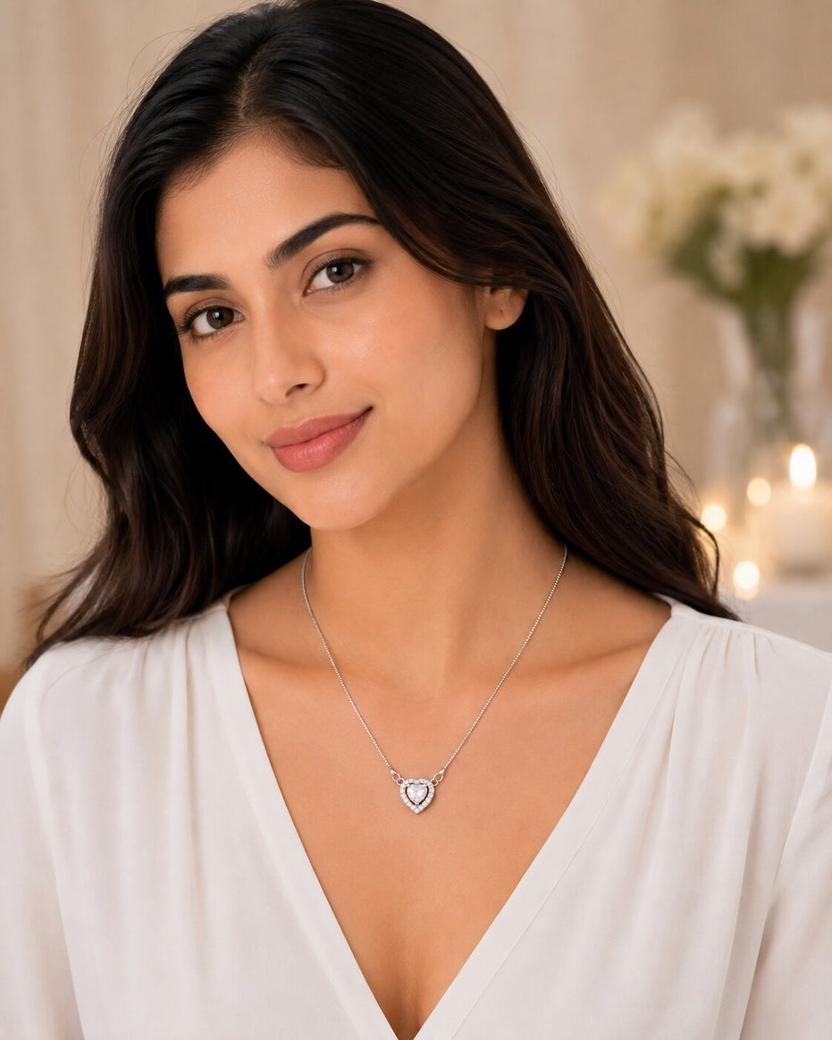Heart-Shaped Crystal Pendant Necklace with CZ Stone Detailing