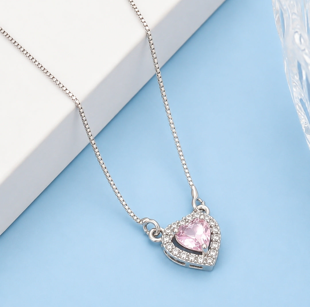 Heart-Shaped Crystal Pendant Necklace with CZ Stone Detailing
