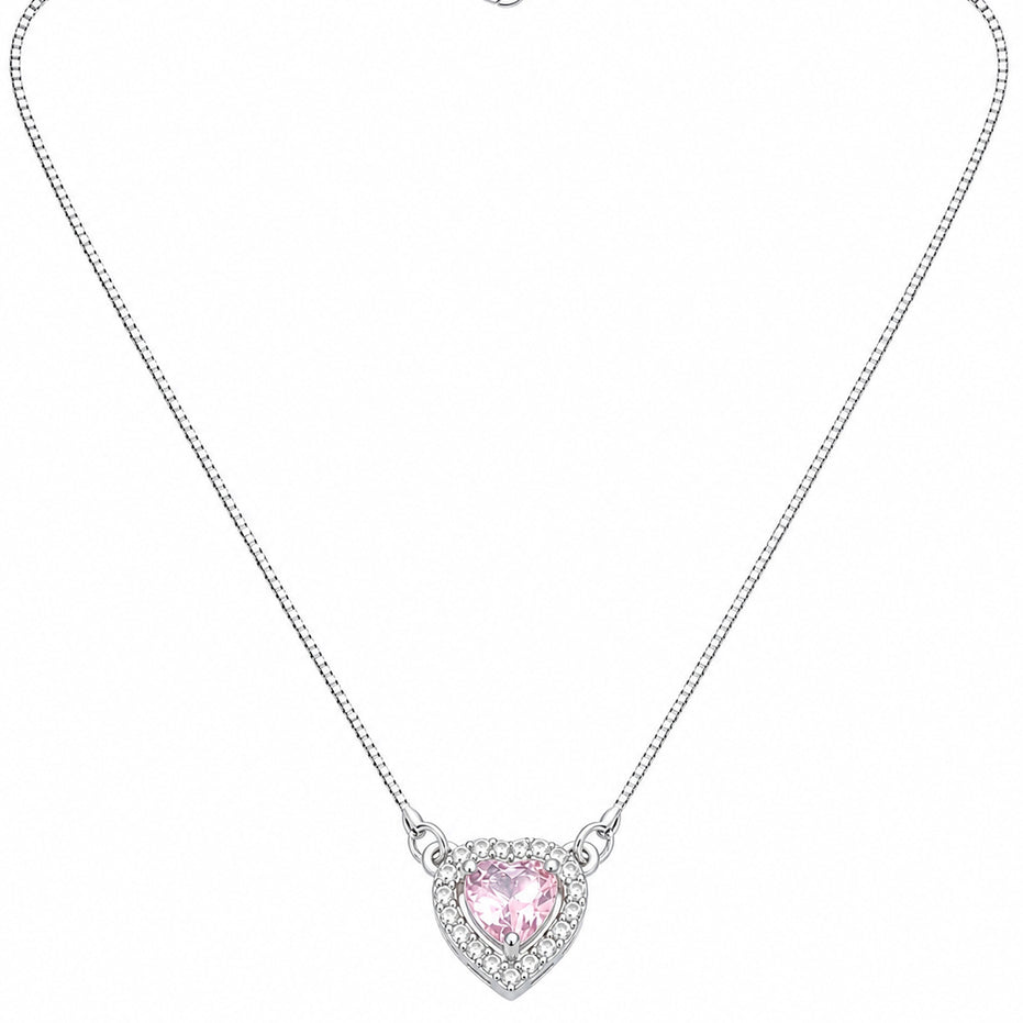 Heart-Shaped Crystal Pendant Necklace with CZ Stone Detailing