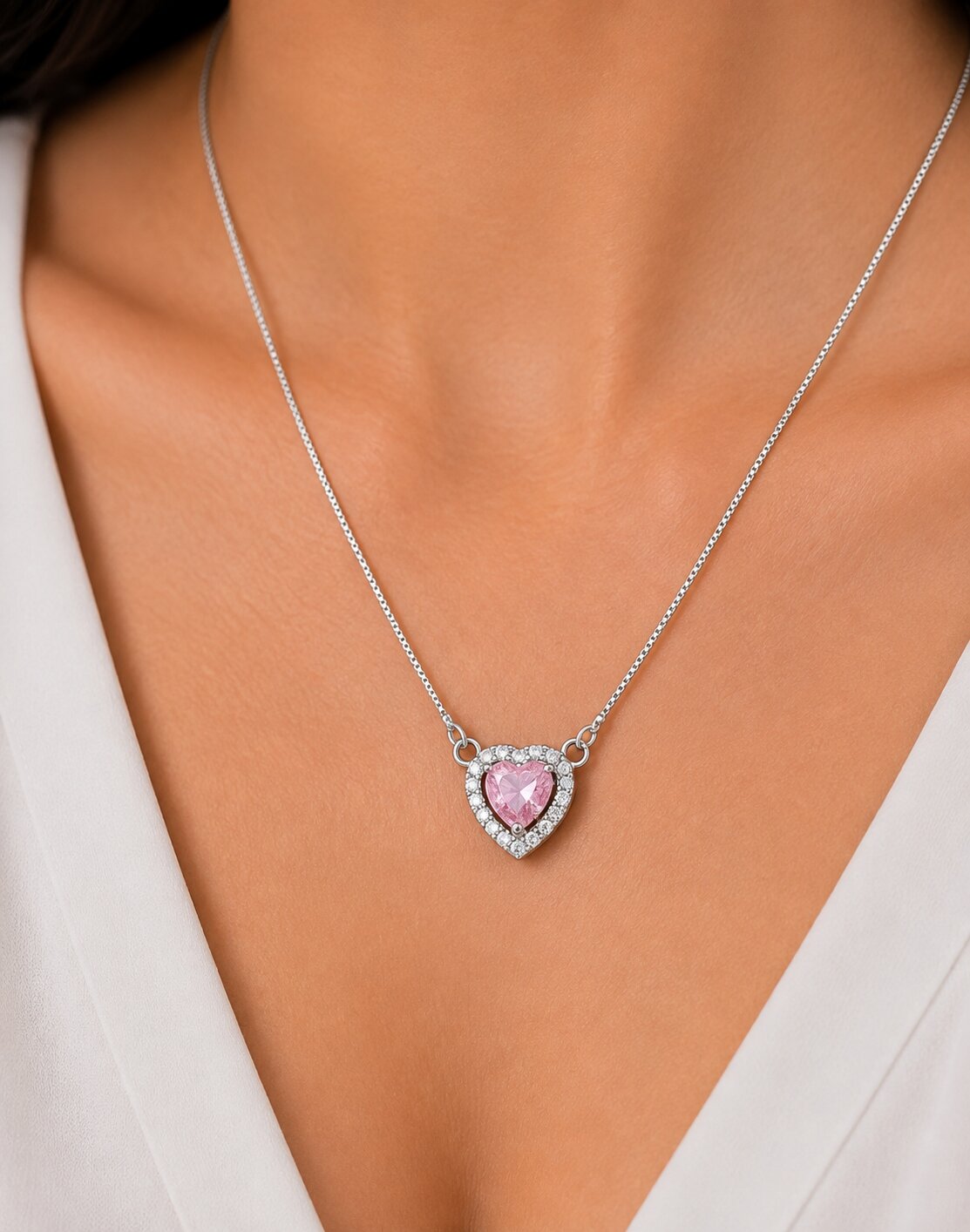 Heart-Shaped Crystal Pendant Necklace with CZ Stone Detailing