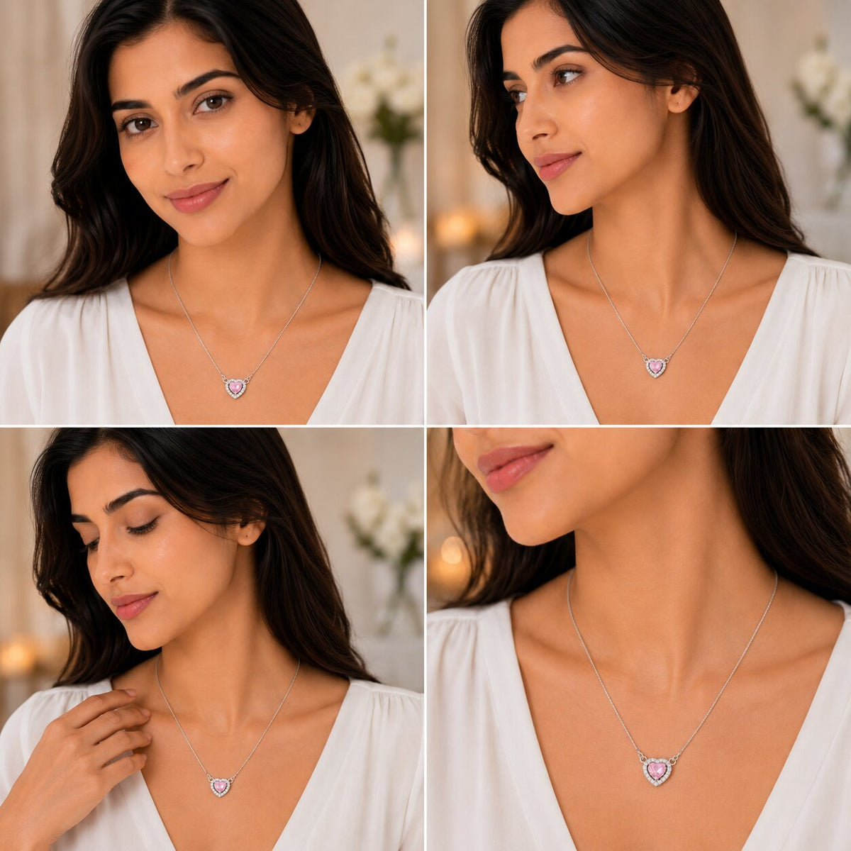 Heart-Shaped Crystal Pendant Necklace with CZ Stone Detailing