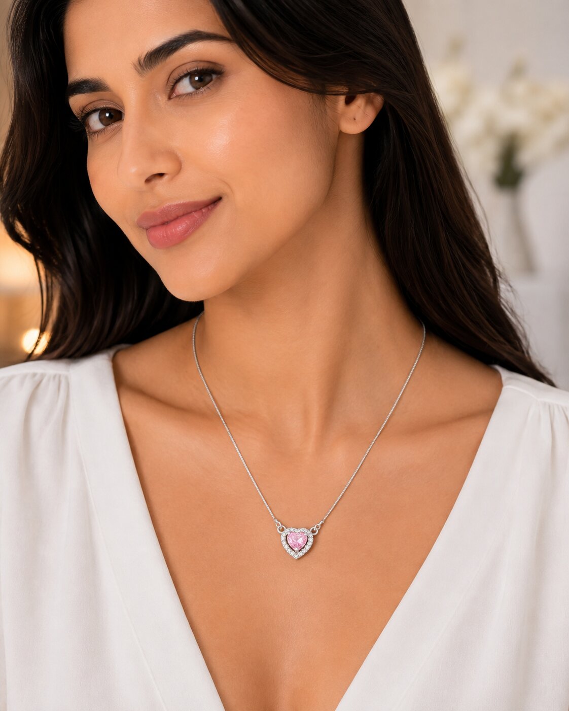 Heart-Shaped Crystal Pendant Necklace with CZ Stone Detailing