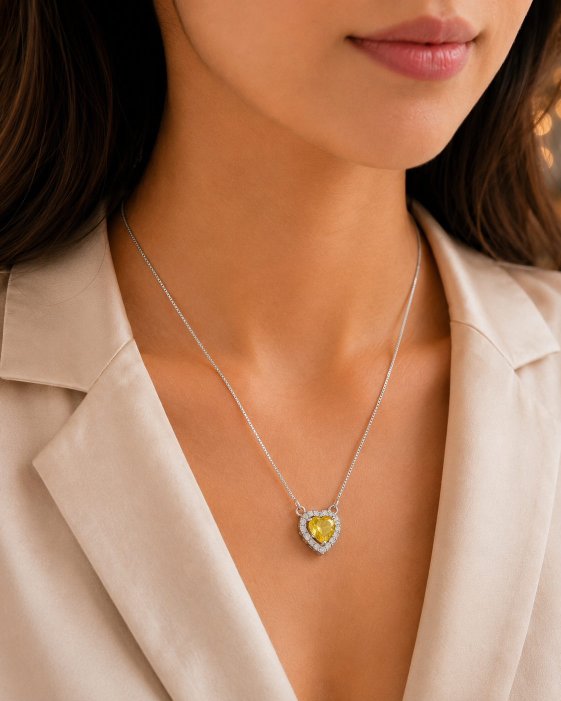 Heart-Shaped Crystal Pendant Necklace with CZ Stone Detailing