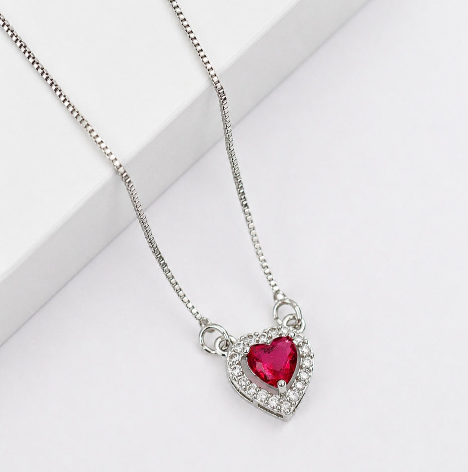 Heart-Shaped Crystal Pendant Necklace with CZ Stone Detailing