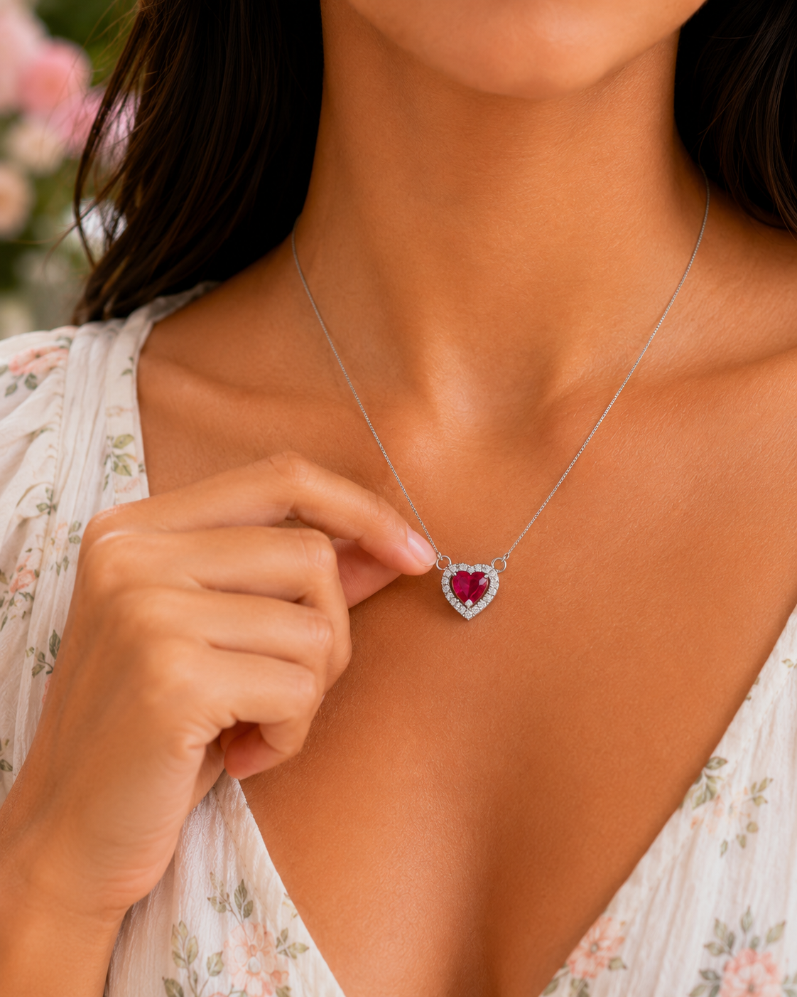 Heart-Shaped Crystal Pendant Necklace with CZ Stone Detailing