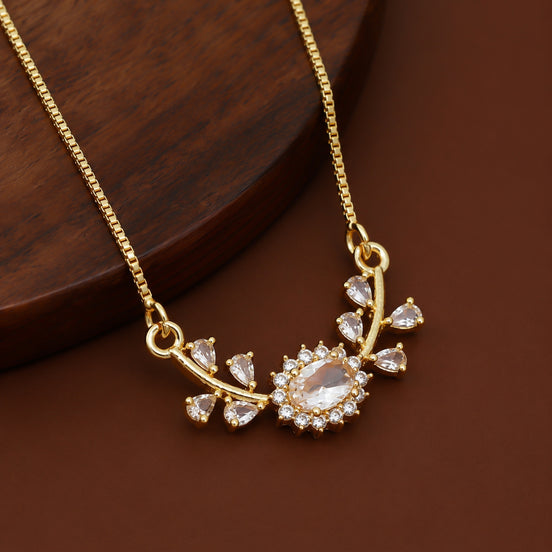 Elegant Floral Vine CZ Pendant Necklace with Oval Crystal Center