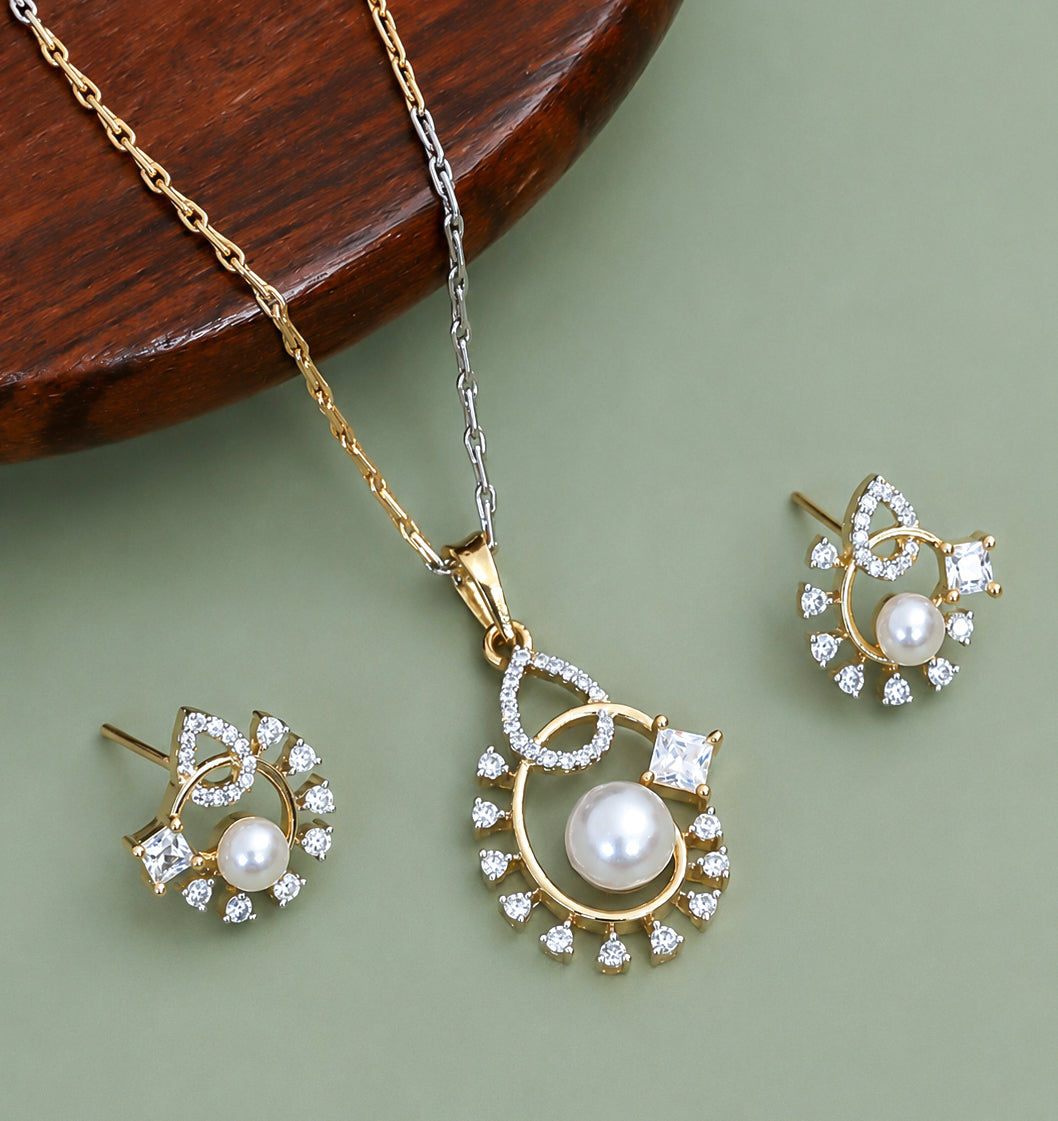 Round Floral Pattern Pearl American Diamond Jewellery Set