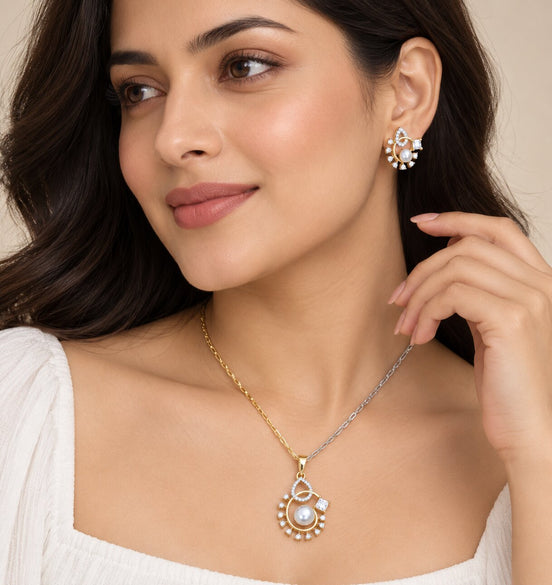 Round Floral Pattern Pearl American Diamond Jewellery Set