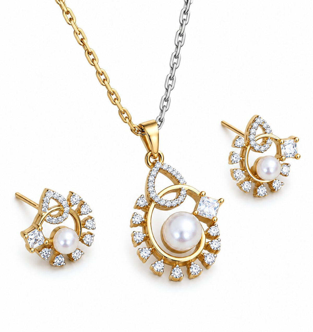 Round Floral Pattern Pearl American Diamond Jewellery Set