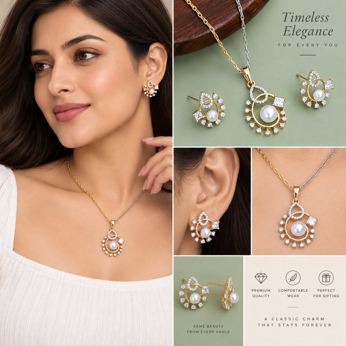 Round Floral Pattern Pearl American Diamond Jewellery Set