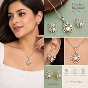 Round Floral Pattern Pearl American Diamond Jewellery Set