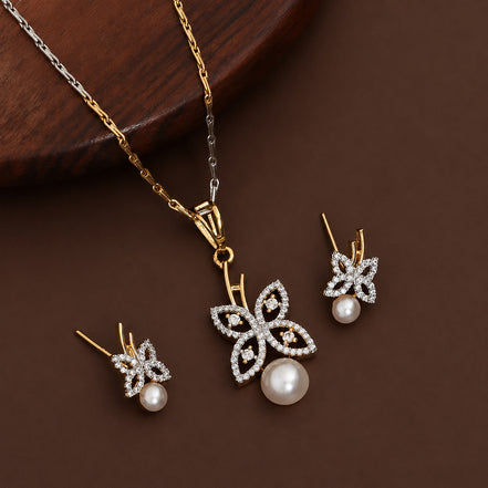 Floral Butterfly Pearl CZ Necklace & Earrings Set