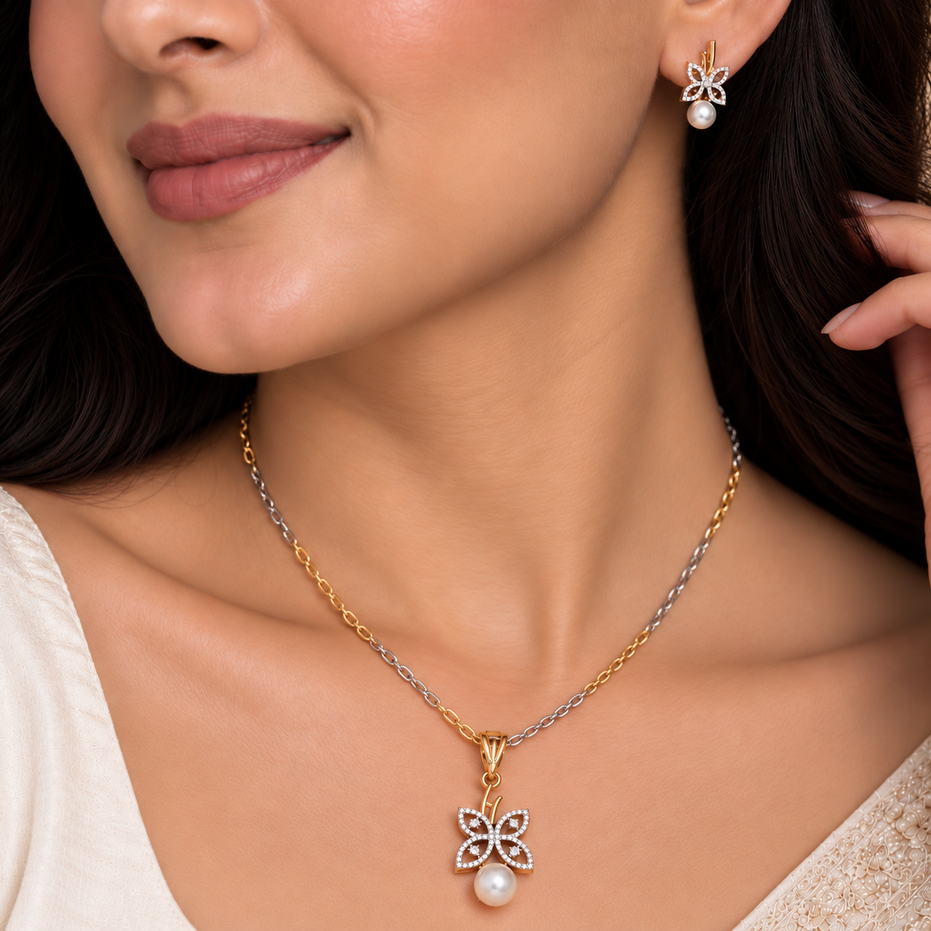 Floral Butterfly Pearl CZ Necklace & Earrings Set