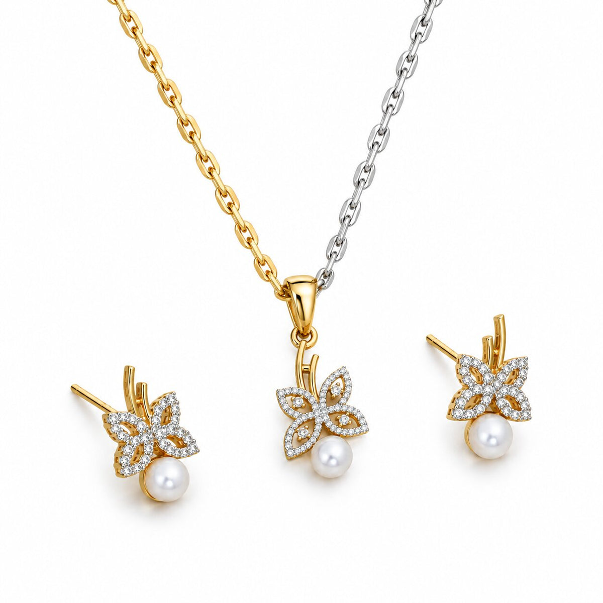 Floral Butterfly Pearl CZ Necklace & Earrings Set