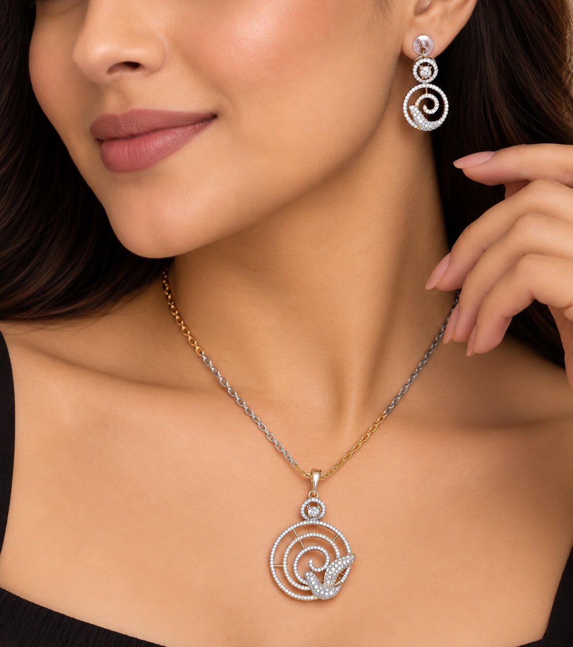 Bird Pattern Pearl American Diamond Jewellery Set