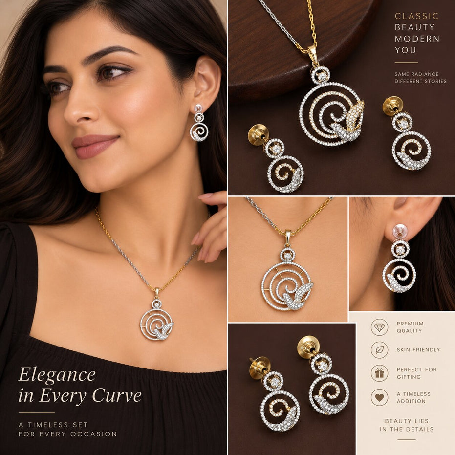 Bird Pattern Pearl American Diamond Jewellery Set