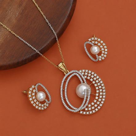 Gold & Silver Plated Pearl Double Circle Pattern CZ Pendant Set