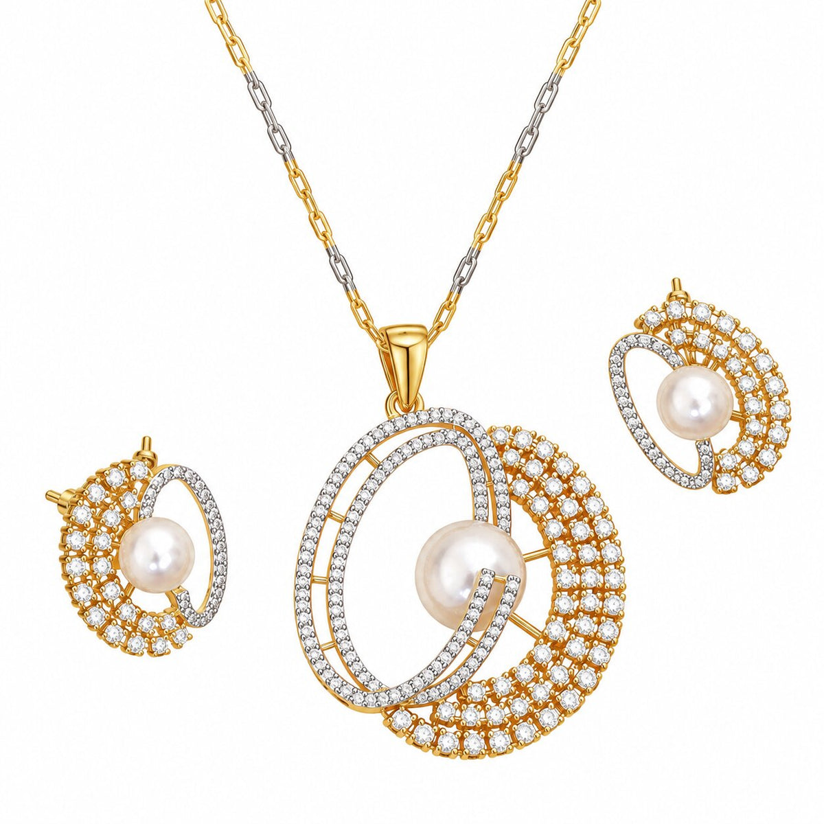 Gold & Silver Plated Pearl Double Circle Pattern CZ Pendant Set