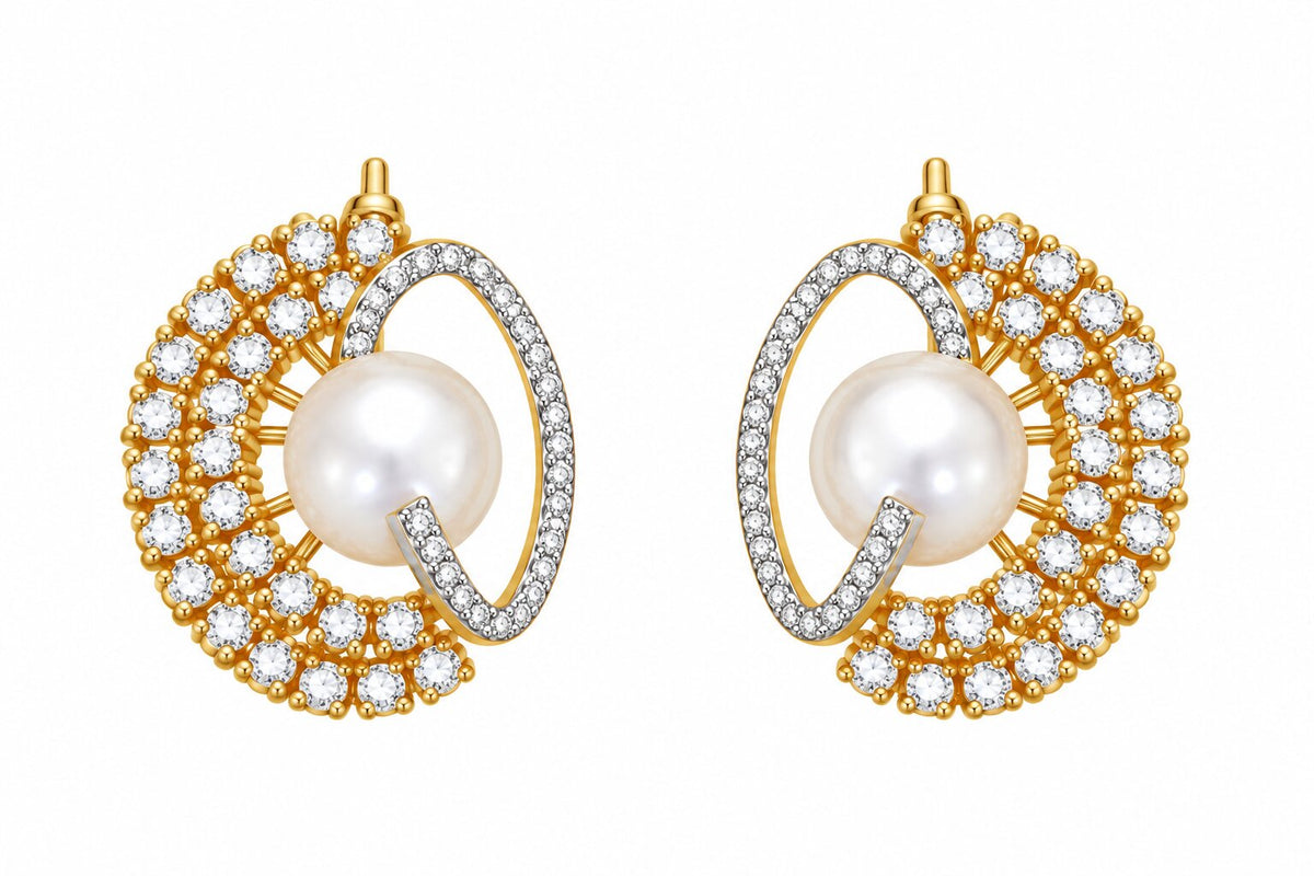 Gold & Silver Plated Pearl Double Circle Pattern CZ Pendant Set