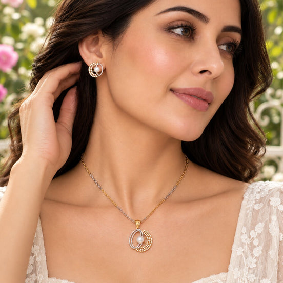 Gold & Silver Plated Pearl Double Circle Pattern CZ Pendant Set