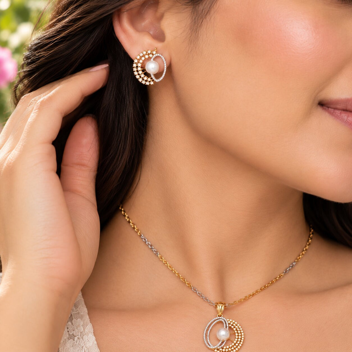 Gold & Silver Plated Pearl Double Circle Pattern CZ Pendant Set