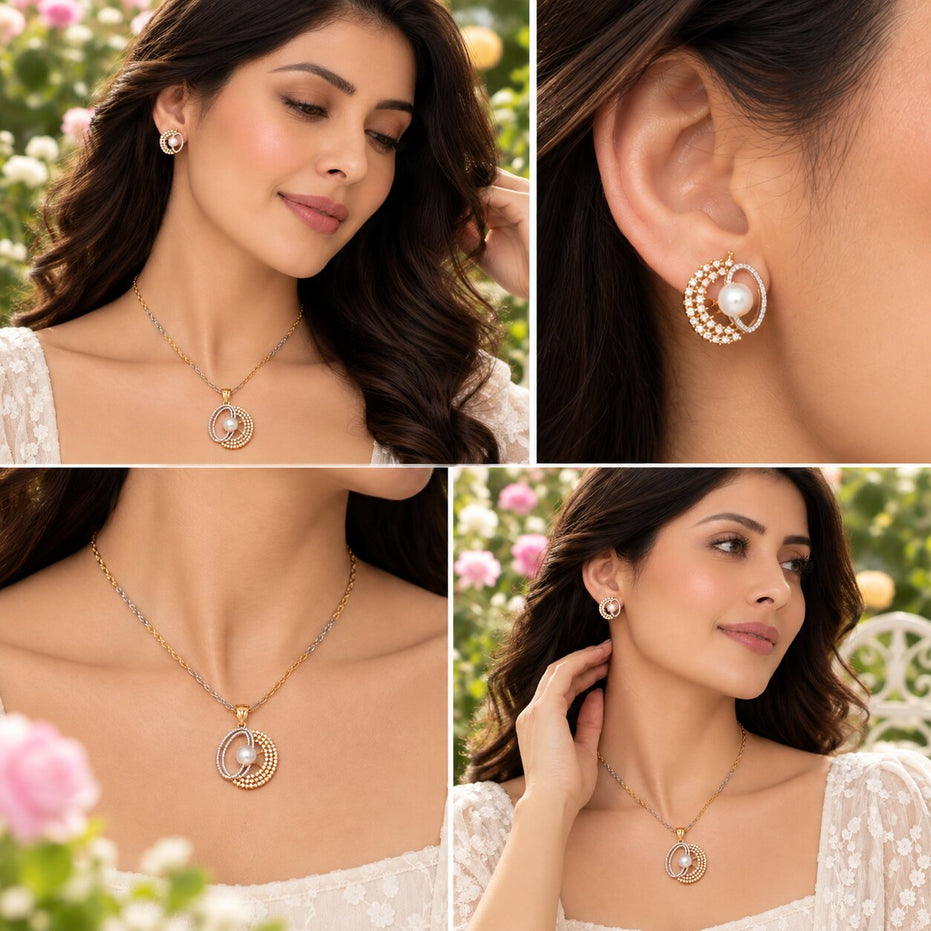 Gold & Silver Plated Pearl Double Circle Pattern CZ Pendant Set