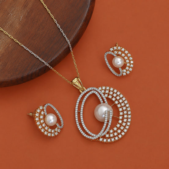 Gold & Silver Plated Pearl Double Circle Pattern CZ Pendant Set