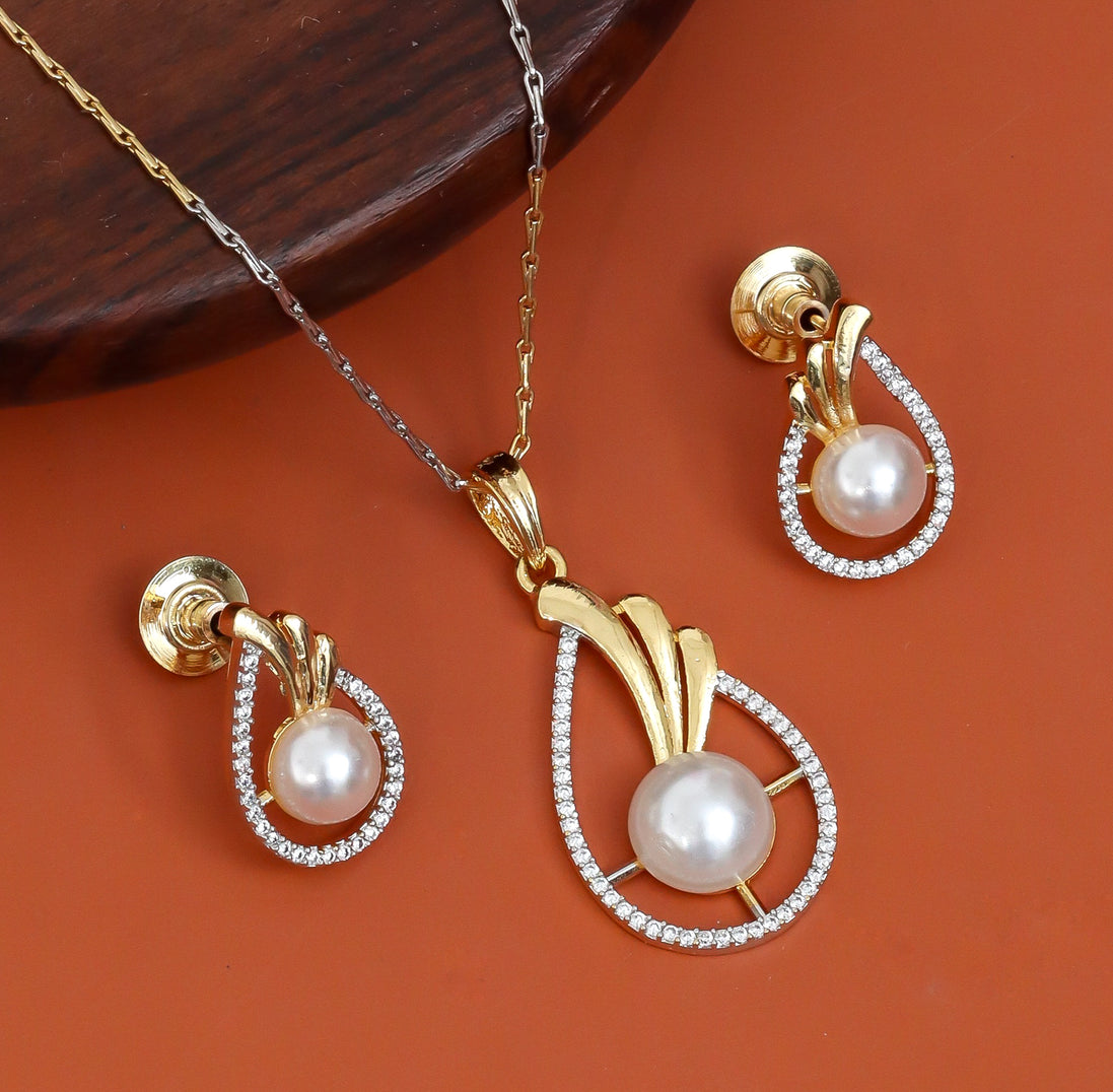Gold & Silver Plated Teardrop Pearl American Diamond Pendant Set