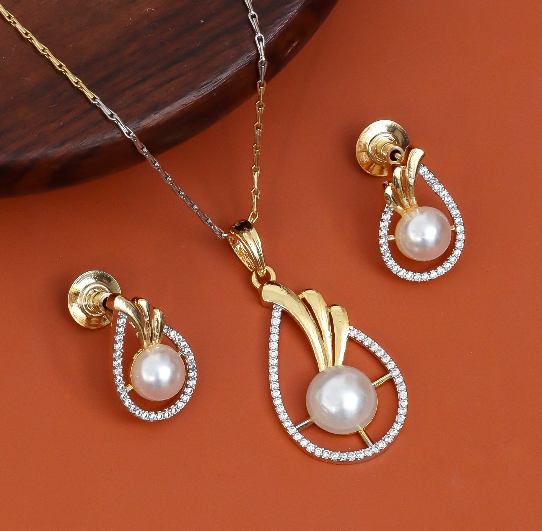 Gold & Silver Plated Teardrop Pearl American Diamond Pendant Set