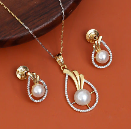 Gold & Silver Plated Teardrop Pearl American Diamond Pendant Set