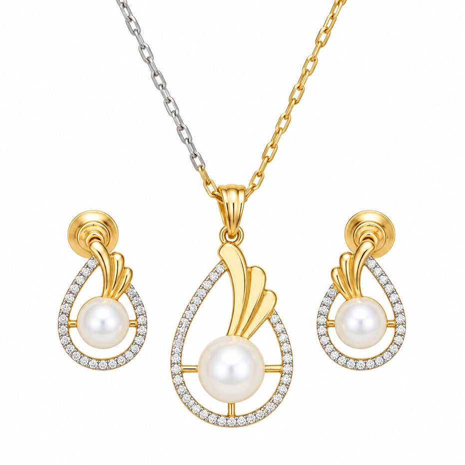 Gold & Silver Plated Teardrop Pearl American Diamond Pendant Set