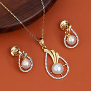 Gold & Silver Plated Teardrop Pearl American Diamond Pendant Set