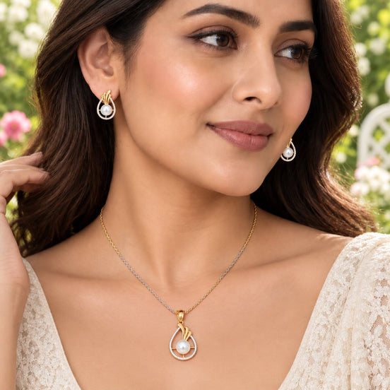 Gold & Silver Plated Teardrop Pearl American Diamond Pendant Set