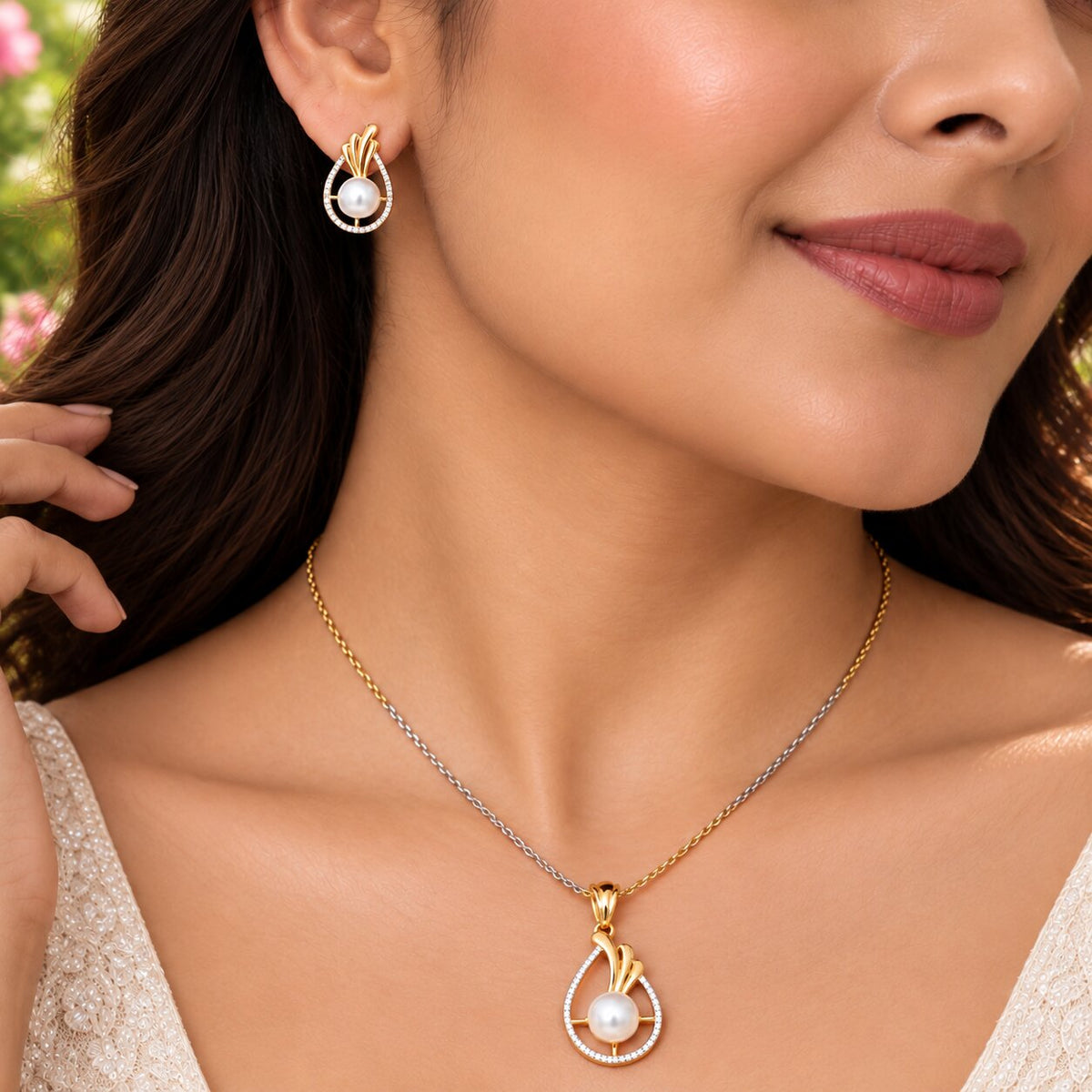 Gold & Silver Plated Teardrop Pearl American Diamond Pendant Set