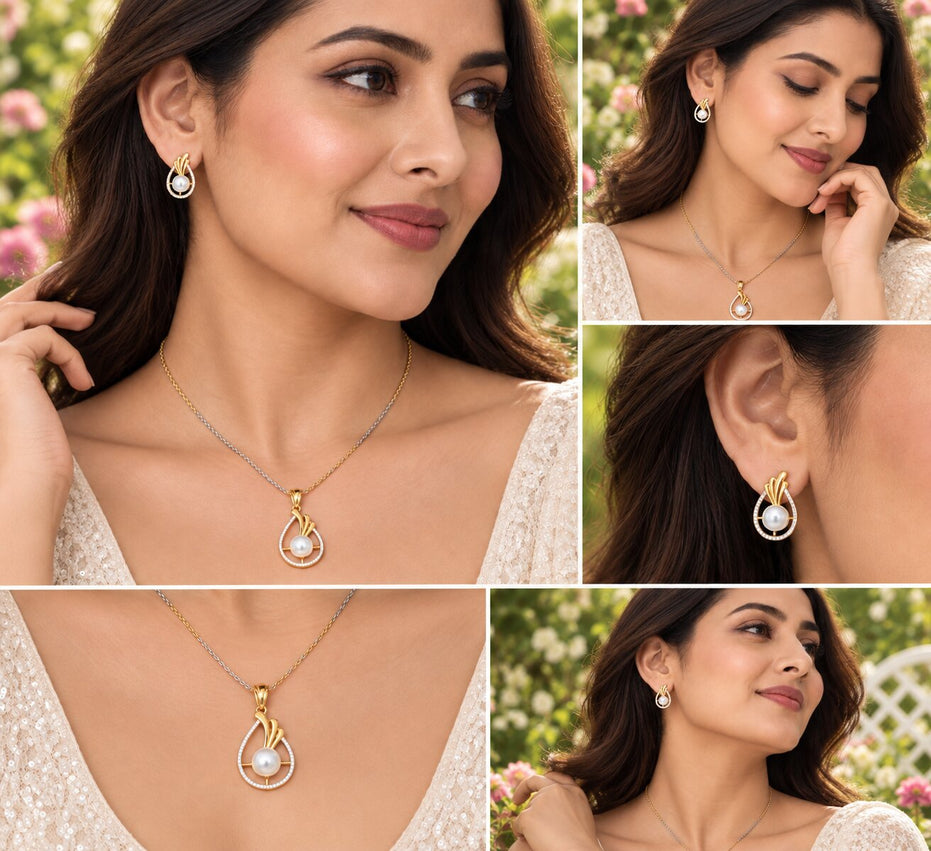 Gold & Silver Plated Teardrop Pearl American Diamond Pendant Set