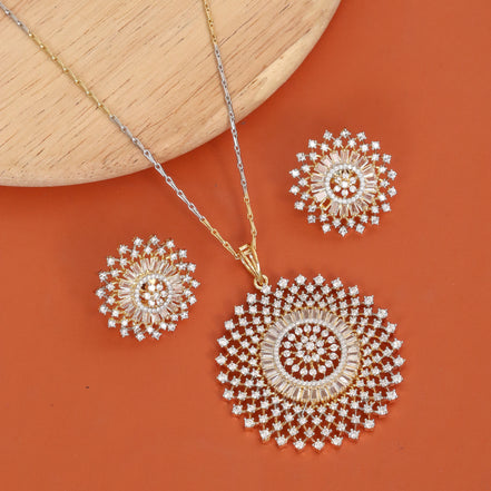 Gold Plated Floral Sun Pattern American Diamond Pendant Set