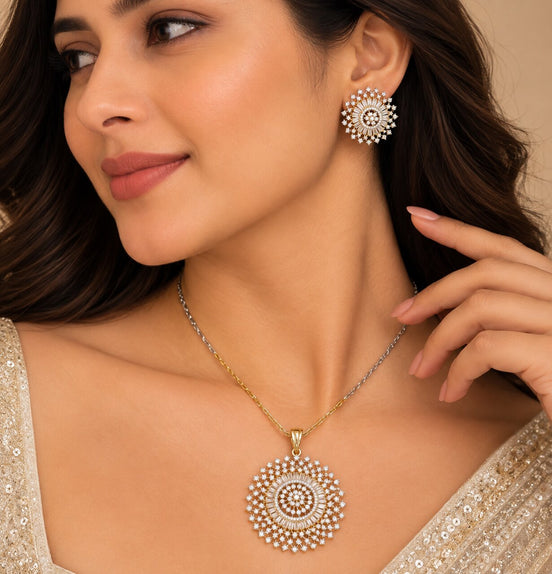 Gold Plated Floral Sun Pattern American Diamond Pendant Set