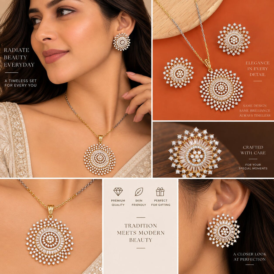 Gold Plated Floral Sun Pattern American Diamond Pendant Set