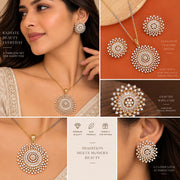 Gold Plated Floral Sun Pattern American Diamond Pendant Set